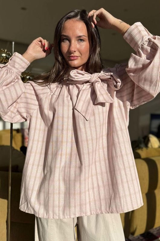 Ophelia Plaid Tie Neck Blouse Rose /15